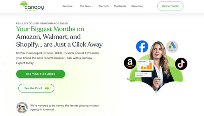 8 | tycoonstory media Hero section: marketing message about boosting sales on amazon, walmart, and shopify with two green ctas, plus a right-side graphic of a woman and social logos.