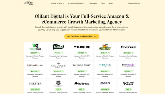 9 | tycoonstory media Hero section: cream background with bold headline about oliant digital as a full‑service amazon/ecommerce growth agency, a subheading, a yellow 'get your free marketing plan' button, and a grid of client logos beneath.