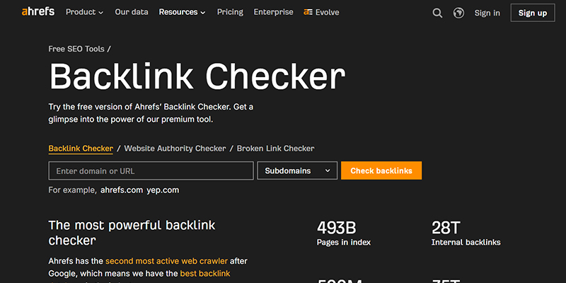 Ahref | tycoonstory media Hero section for ahrefs backlink checker showing a dark page with a large 'backlink checker' title, a domain input, a subdomains selector, and an orange 'check backlinks' button.