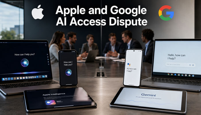 Apple and google ai access dispute - tycoonstory | tycoonstory media Antitrust tech news today image showing apple and google ai access dispute with business professionals, laptops, smartphones, and ai assistant screens.