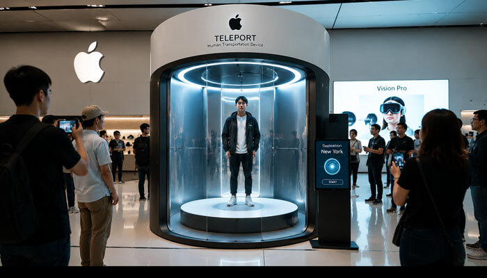 Apple teleportation device and ai hoaxes - tycoonstory | tycoonstory media Person standing inside the apple teleportation device in a store demo, surrounded by spectators and digital interface.
