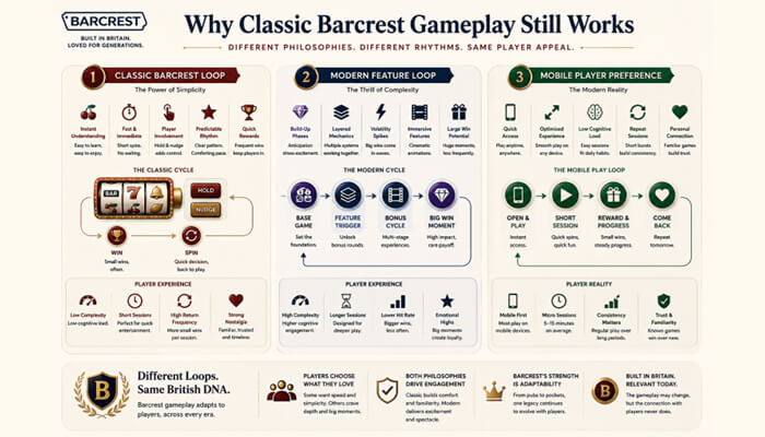 Barcrest slots | tycoonstory media Infographic explaining why classic barcrest gameplay works with three loops: classic, modern, mobile, plus player experiences.