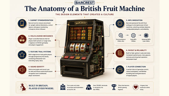 Barcrest | tycoonstory media Infographic of a vintage british fruit machine with labeled feature sections around it, detailing cabinet standardisation, hold/nudge mechanics, feature trails, sound identity, mpu innovation, payout reliability, and player connection.