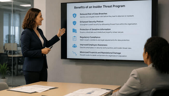 Benefits of an insider threat program - tycoonstory | tycoonstory media What is the goal of an insider threat program? A business professional presents the benefits of an insider threat program to a team, highlighting data security, compliance, and risk mitigation.