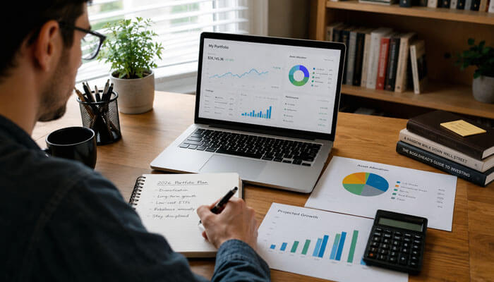 Best beginner portfolio ideas for 2026 - tycoonstory | tycoonstory media Investor reviewing safe stocks to buy for beginners on a laptop with asset allocation charts, portfolio notes, and financial planning tools.
