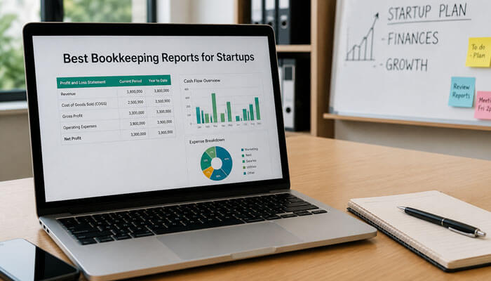 Best bookkeeping reports for startups - tycoonstory | tycoonstory media Laptop on a desk showing best bookkeeping reports for startups, including profit/loss, cash flow, and expense charts, with a notebook, pen, and smartphone nearby.