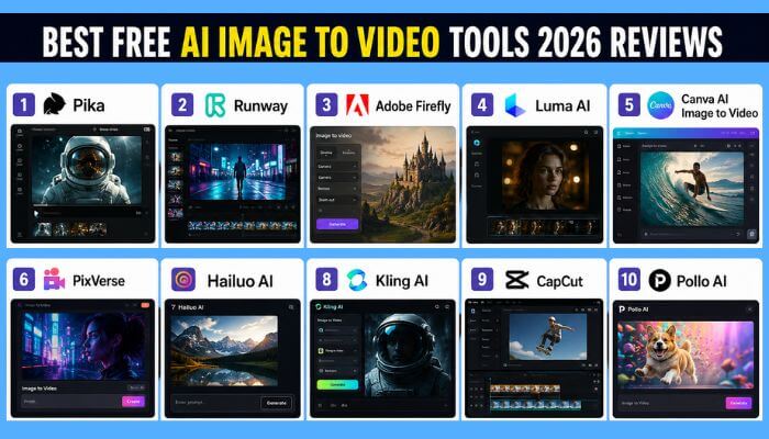 Best free ai image to video tools 2026 reviews 1 | tycoonstory media Best free ai image to video tools 2026 reviews featuring pika, runway, adobe firefly, luma ai, canva, kling ai, and capcut platforms
