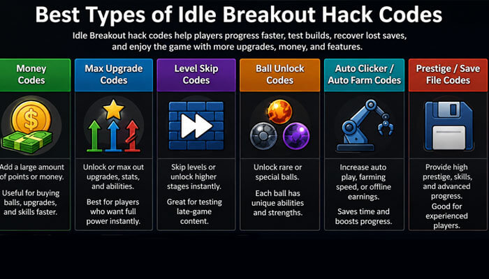 Best types of idle breakout hack codes - tycoonstory | tycoonstory media Best types of idle breakout hack codes infographic showing money codes, upgrade codes, level skip codes, ball unlock codes, and save file codes.