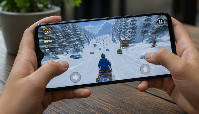 Can you play snow rider 3d classroom 6x on mobile - tycoonstory | tycoonstory media Snow rider 3d classroom 6x mobile gameplay on a smartphone with snowy slopes, gift collection, and browser-based sled racing