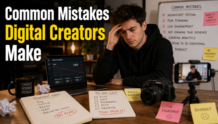 Common mistakes digital creators make - tycoonstory | tycoonstory media What is a digital creator common mistakes image showing burnout, poor planning, inconsistent posting, low engagement, and content strategy problems faced by creators.