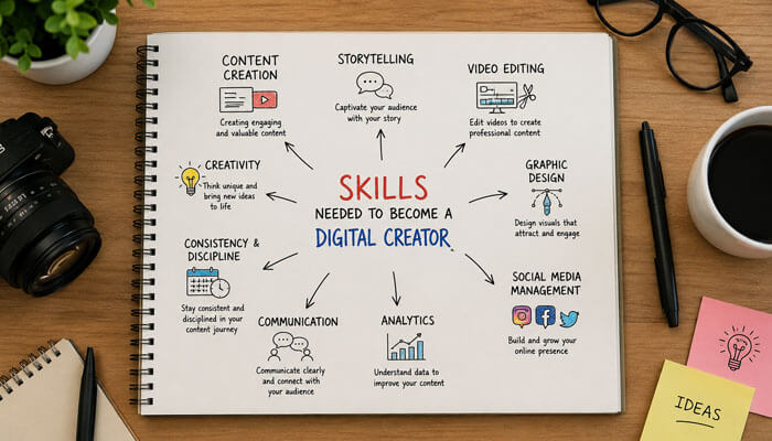Digital creator content strategy - tycoonstory | tycoonstory media What is a digital creator skills guide showing content creation, storytelling, video editing, analytics, graphic design, and social media management for beginners.