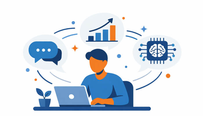 Digital marketing | tycoonstory media Person at a laptop with chat, a rising chart, and a brain-icon representing ai and data analysis nearby.
