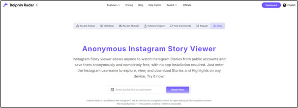 Dolphinradar | tycoonstory media Screenshot of dolphin radar's anonymous instagram story viewer page with a search bar, describing a tool to view instagram stories anonymously by entering a username.