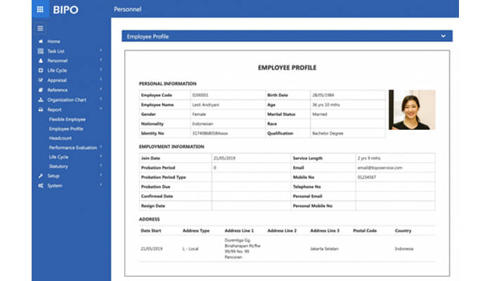 Employee | tycoonstory media Employee profile page in bipo hr system showing personal and employment information, with a small portrait on the right and a blue left navigation pane.