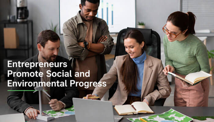 Entrepreneurs promote social and environmental progress - tycoonstory | tycoonstory media Team of entrepreneurs collaborating on sustainable projects to illustrate what role do entrepreneurs play in economics, promoting social, environmental, and economic progress through innovation and business initiatives.