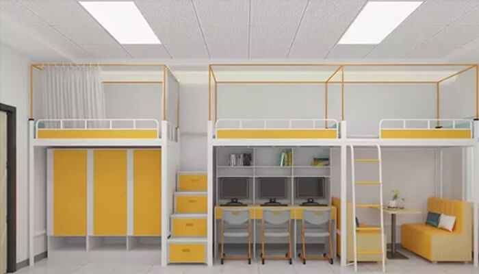 How much weight can a top bunk bed hold? Critical insights for dorms and hostels | tycoonstory media Modern bunk bed setup with study desks and storage space designed for shared bedrooms, student housing, and compact living areas