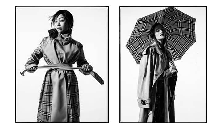 Burberry – portraits of an icon | tycoonstory media Burberry – portraits of an icon featuring two models in classic trench coats and signature plaid, highlighting successful pr campaigns that celebrate brand heritage.
