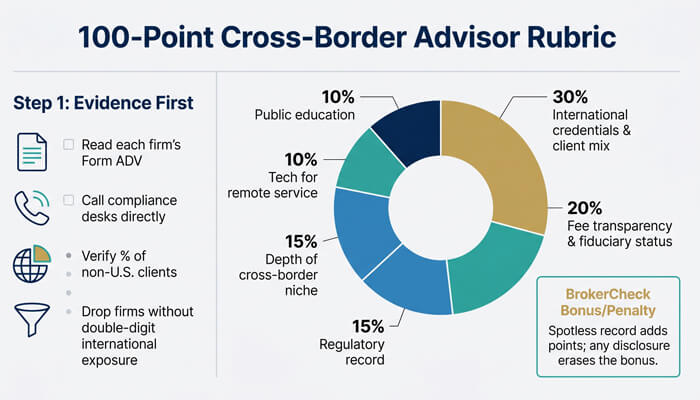 Survivors | tycoonstory media International investment advisors rubric chart showing cross-border advisor scoring, fee transparency, regulatory record, and global client review