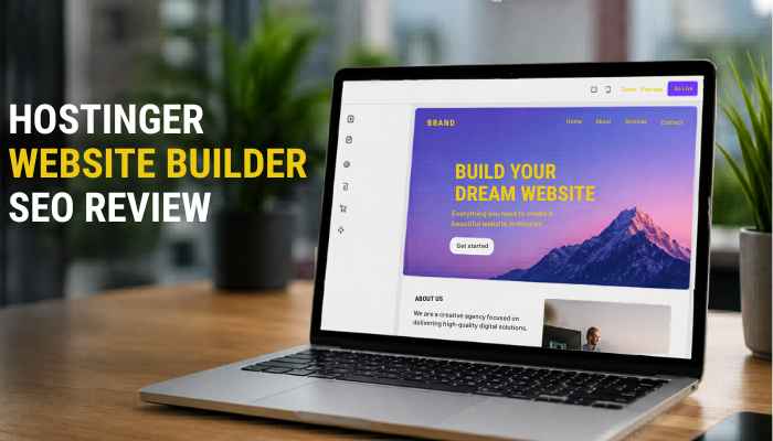 Hostinger website builder seo review 1 | tycoonstory media Hostinger website builder seo review displayed on a laptop with a modern website design interface.