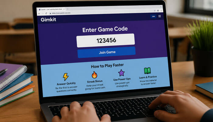 How to play faster with a gimkit code - tycoonstory | tycoonstory media Close-up of a laptop showing gimkit code gameplay instructions, including tips to answer quickly, earn streak bonuses, and use power-ups for faster play.