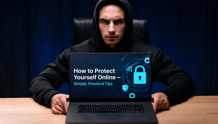 How to protect yourself online — simple, practical tips - tycoonstory | tycoonstory media Thejavasea. Me leaks aio-416 cybersecurity awareness image showing an anonymous hacker figure with online privacy protection tips, digital security threats, malware prevention, and safe internet practices.