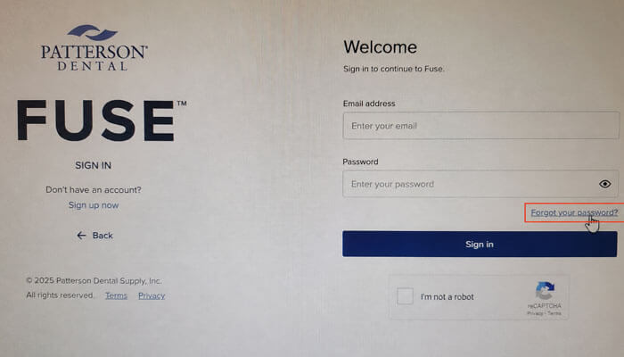 How to reset fuse patterson login password - tycoonstory | tycoonstory media Fuse patterson login page showing patterson dental fuse sign-in form with email, password, captcha, and forgot password option.