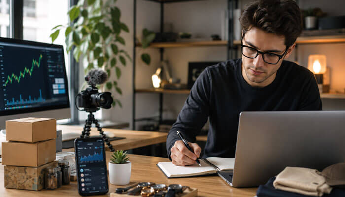 How to start building weird wealth in 2026 - tycoonstory | tycoonstory media Young entrepreneur managing weird wealth income strategies with online business analytics, digital freelancing, and side hustle planning in 2026