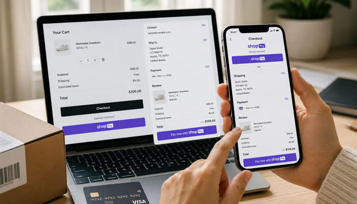 How to use shop pay as a customer - tycoonstory | tycoonstory media What is shop pay checkout process shown on laptop and smartphone for online shopping