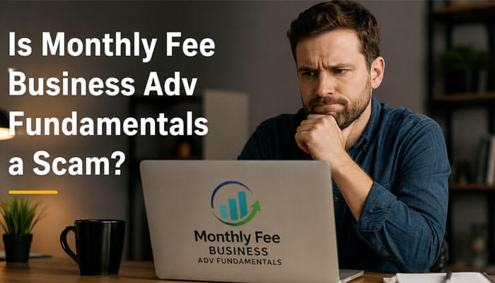 Is monthly fee business adv fundamentals a scam - tycoonstory | tycoonstory media Concerned businessman reviewing laptop information about monthly fee business adv fundamentals scam concerns, hidden fees, waiver policies, banking transparency, and business finance risks in 2026.