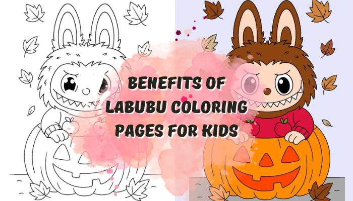 Labubu coloring 1 | tycoonstory media Labubu coloring page showing before-and-after coloring example with pumpkin-themed artwork designed for children and creative learning.