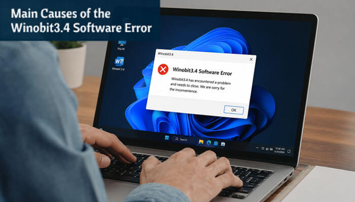 Main causes of the winobit3 4 software error - tycoonstory | tycoonstory media Winobit3. 4 software error popup appearing on a windows 11 laptop while a user works, highlighting common causes like corrupted program files, registry problems, software conflicts, malware infections, outdated drivers, and system instability affecting pc performance in 2026.