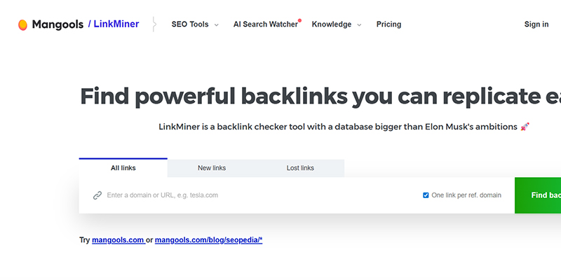 Mangools | tycoonstory media Mangools linkminer homepage hero with a large headline and a backlink search box featuring tabs all links, new links, lost links.