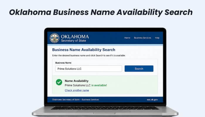 Oklahoma business name availability search 1 | tycoonstory media Oklahoma secretary of state business search name availability tool displayed on laptop screen for checking oklahoma business entity registration