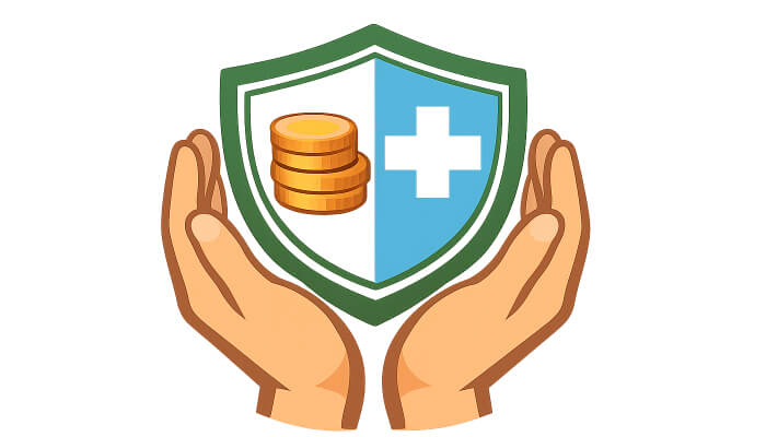Personal injury | tycoonstory media Protective hands holding a shield with a medical cross and coins, symbolizing health insurance protection