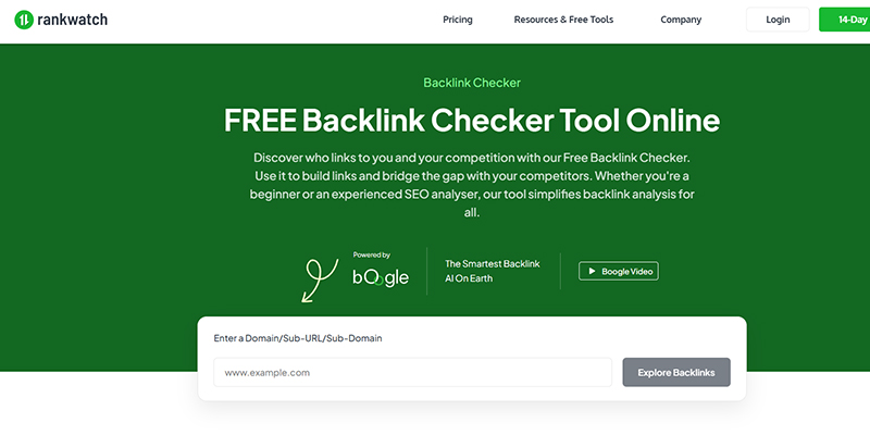 Rankwatch | tycoonstory media Green hero banner for rankwatch free backlink checker with a domain search input and an 'explore backlinks' button.