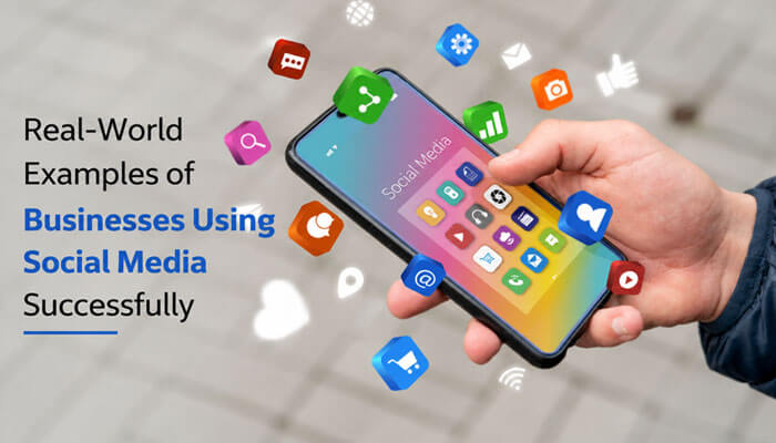 Real-world examples of businesses using social media successfully - tycoonstory | tycoonstory media Benefits of social media for business showing a hand holding a smartphone with floating social media icons representing real-world examples of businesses successfully using platforms like facebook, instagram, twitter, and linkedin.