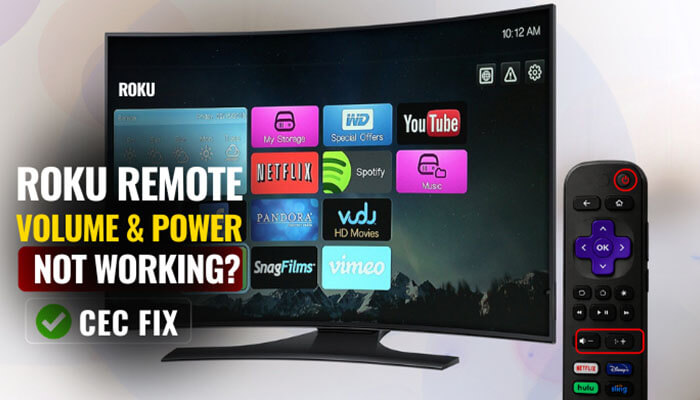 Roku remote volume and power buttons not working cec fix - tycoonstory | tycoonstory media Curved roku tv with home screen apps and a roku remote highlighting volume and power buttons, visually illustrating why my roku remote is not working with volume/power control due to hdmi‑cec setting issues and how to resolve them.