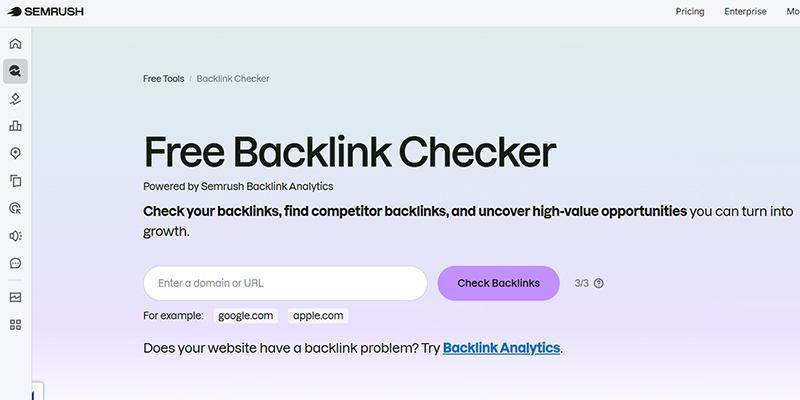 Sem | tycoonstory media Semrush free backlink checker tool: domain input field and purple check backlinks button on a gradient page.