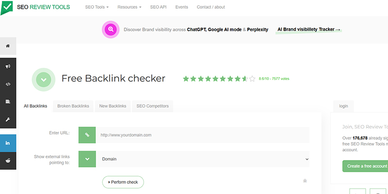 Seo review tools | tycoonstory media Screenshot of the free backlink checker page on seo review tools with a url input and domain option, ready to run a check.