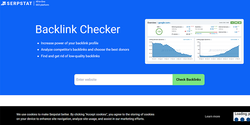 Serpstat | tycoonstory media Serpstat backlink checker hero: blue banner with feature bullets on the left, a dashboard image on the right, and an input with a green 'check backlinks' button.