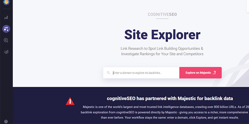 Site explorer | tycoonstory media Hero section for site explorer: large 'site explorer' title with a search bar and pink 'explore on majestic' button on a light background; dark left navigation rail visible.