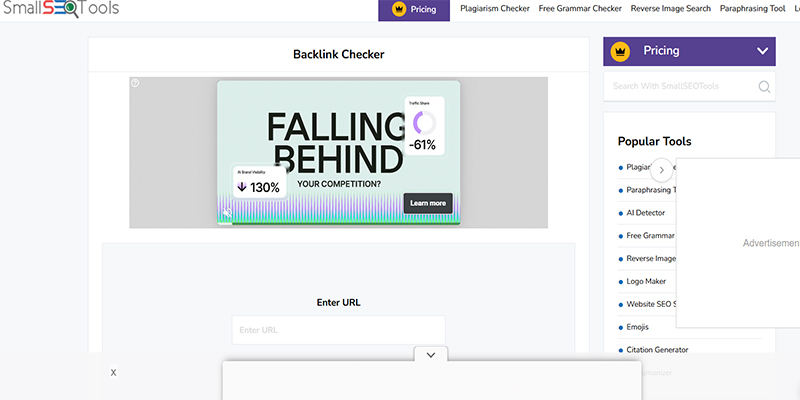 Small seo tools | tycoonstory media Screenshot of smallseotools backlink checker page showing a large 'falling behind' ad banner and a url input field beneath it.