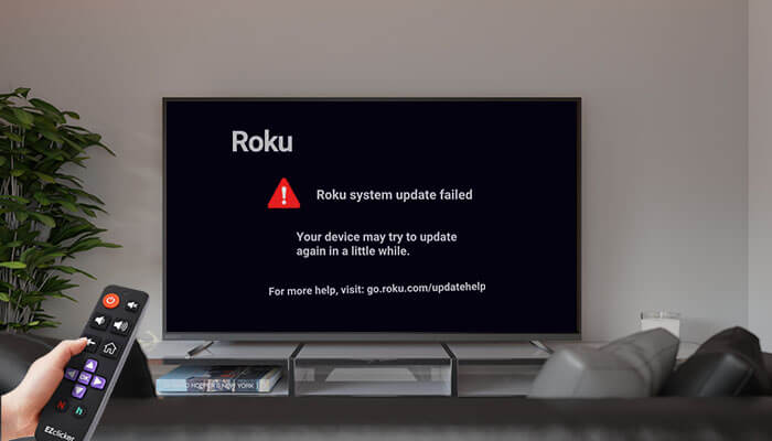 Software or firmware glitches - tycoonstory | tycoonstory media A roku tv showing a ‘system update failed’ error message while a roku remote is being held, representing issues related to ‘my roku remote is not working’ due to software or firmware glitches during updates.
