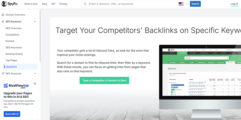 Spyfu | tycoonstory media Screenshot of a spyfu page titled 'target your competitors' backlinks on specific keywords' with a desktop monitor displaying backlink data