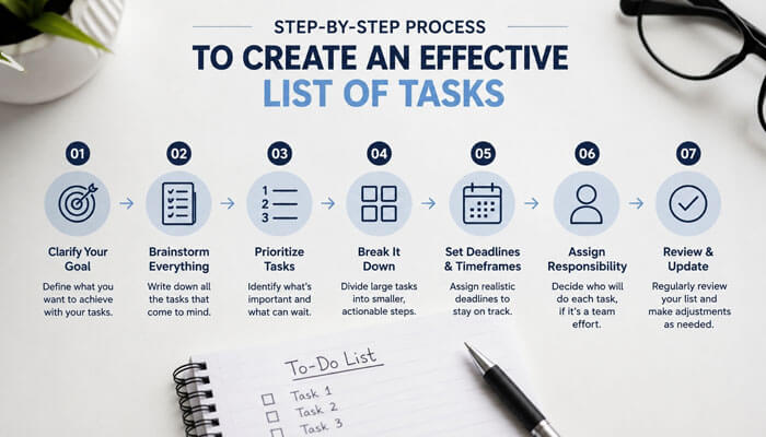 Step-by-step process to create an effective list of tasks - tycoonstory | tycoonstory media Step-by-step infographic to explain the process of creating an effective list of tasks to accomplish a goal.