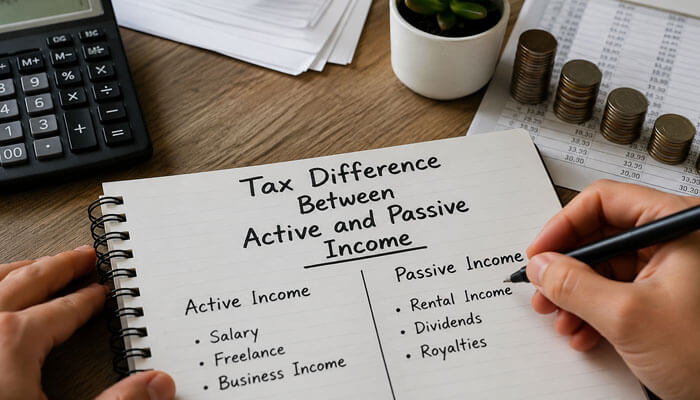 Tax difference between active and passive income - tycoonstory | tycoonstory media Tax difference between active and passive income explained on a financial notebook with salary, freelance income, rental income, dividends, and royalties examples.