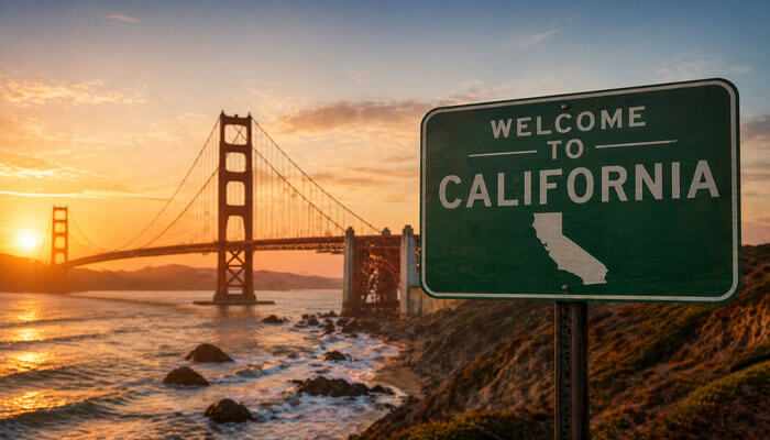 The golden state gateway starting an llc in california | tycoonstory media Sunset over the golden gate bridge with a green 'welcome to california' sign in the foreground.