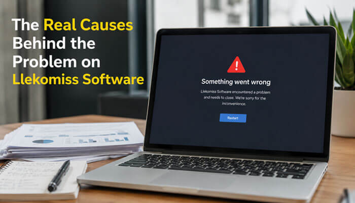 The real causes behind the problem on llekomiss software - tycoonstory | tycoonstory media Problem on llekomiss software displayed on a laptop screen showing system crash and startup error, highlighting causes like corrupted installation files, python conflicts, database failures, and server issues.