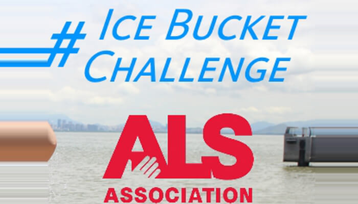 Als ice bucket challenge | tycoonstory media Als ice bucket challenge logo with water background, highlighting successful pr campaigns that went viral to raise awareness and funds for als research.
