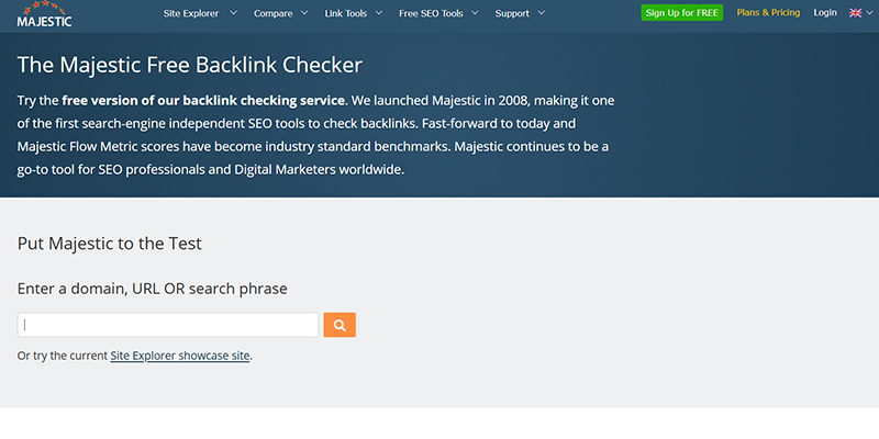 Untitled-1 | tycoonstory media Majestic free backlink checker page with a search field for a domain or url and an orange search button.